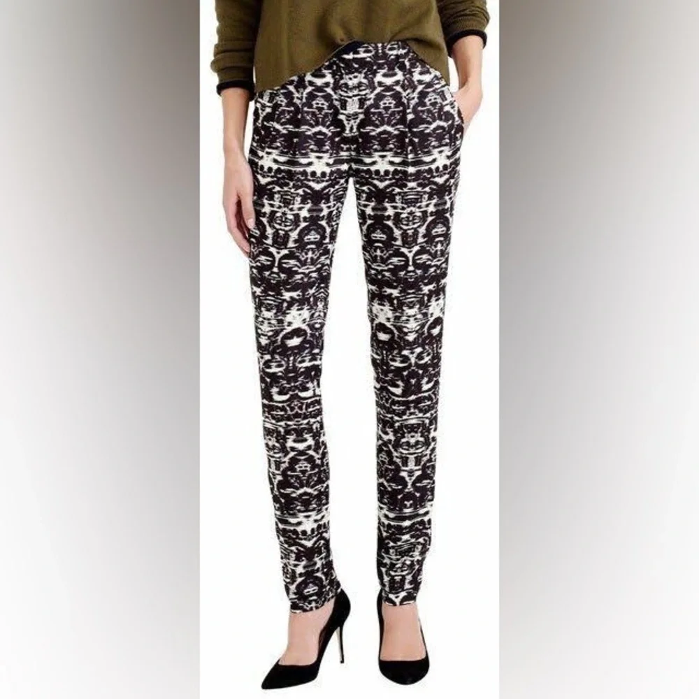 J Crew blurred Ikat printed satin twill tapered pants black white print